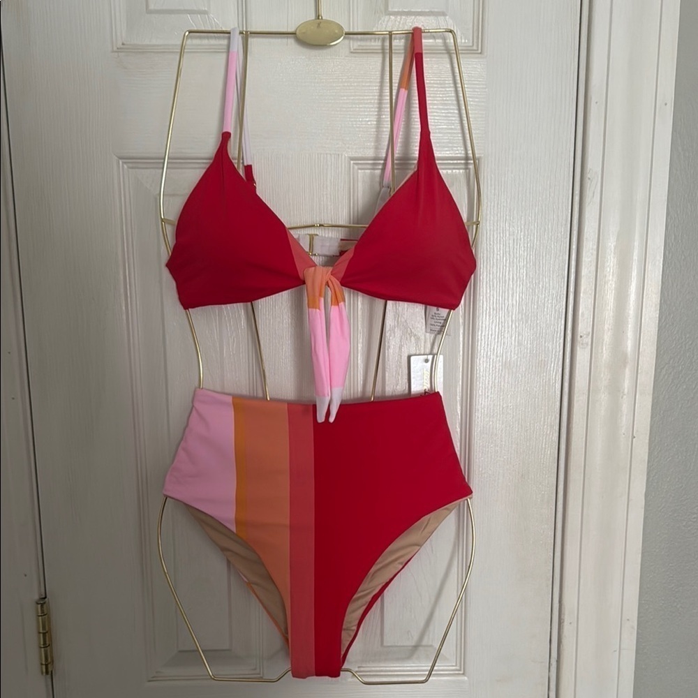 Beach Joy Stylish Red and Pink Colorblock Bikini Set #433